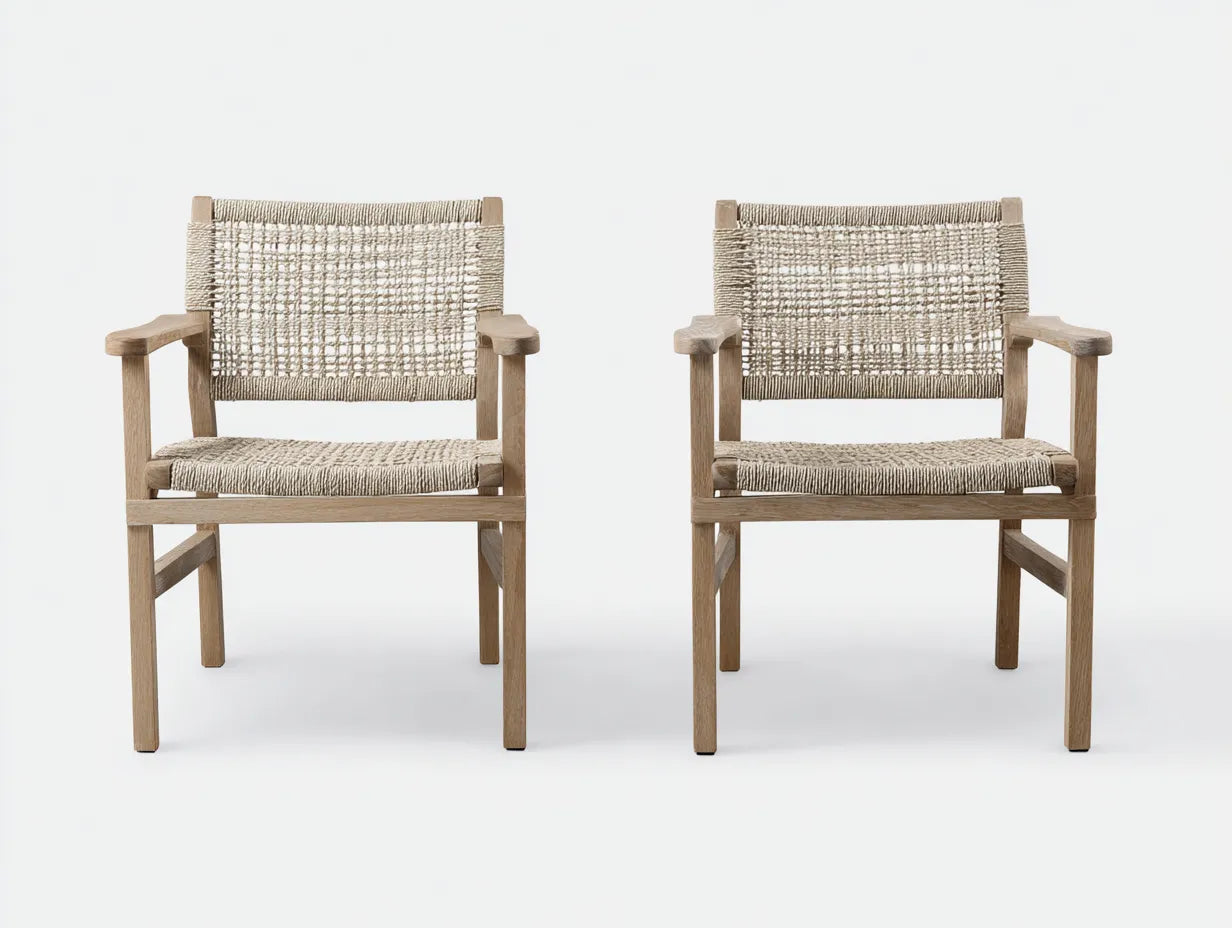 Set Sedia da relax all'aperto balcone 60×65×79 cm in legno marrone chiaro e corda beige - design intrecciato con braccioli