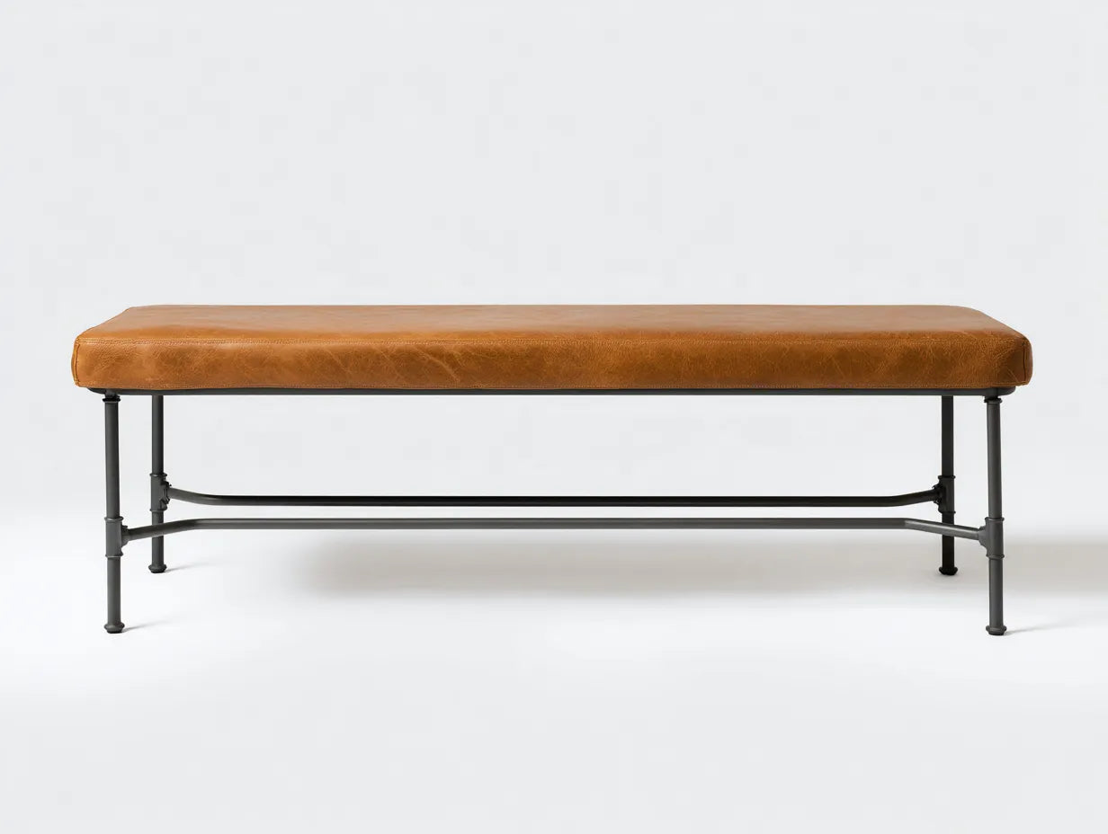 Panca camera da letto 150×42×48 cm in similpelle marrone e metallo nero - stile industriale con seduta imbottita