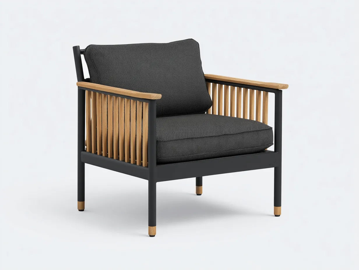 Sedia da relax all'aperto in metallo e legno 74×78×80 cm - grigio scuro/nero/marrone chiaro - con braccioli per balcone