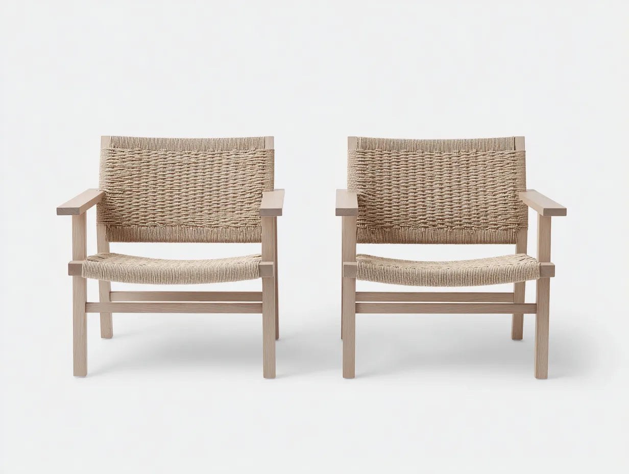 Coppia sedia da relax all'aperto balcone 62×67×76 cm in legno marrone chiaro e intreccio beige - stile naturale con braccioli